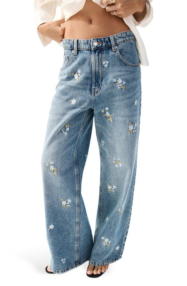 マンゴ レディース ボトムス デニムパンツ ストレート フラワー柄 刺繍 ジーンズ フラワー MANGO Floral Embroide red Straight Leg Jeans MEDIUM BLUE ブルー