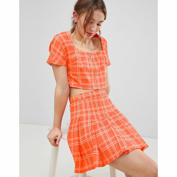 j[NgDGeB fB[X TVc gbvX Unique 21 Pleated Check Two-Piece Orenge