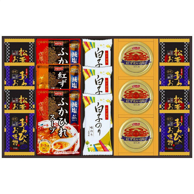 ●セット内容／ふかひれスープ160g×2袋・紅ずわいがにスープ160g×1袋・松茸のお吸い物4.2g・あわび入お吸い物4g各4袋・白子のり(8切5枚)3袋・紅ずわいがにほぐし身55g×3缶・賞味期間/製造日より常温約480日・［日本製］・【卵・乳成分・小麦・えび・かに】●箱サイズ／46.3×29.2×4.2cm・80サイズ・1160g●商品の内容、デザインなどが予告なしに変更することがありますので、ご了承のほどお願い致します。あわび、松茸の高級素材を使ったフリーズドライとふかひれスープ、紅ずわいがにスープと白子のりを詰め合わせた贅沢な贈り物です。