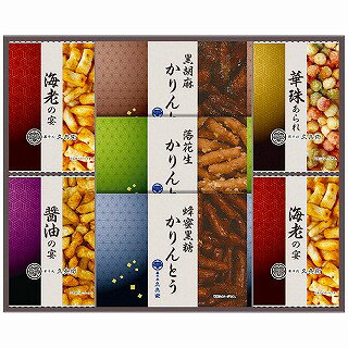 ●セット内容／かりんとう20g(蜂蜜黒糖・黒胡麻・落花生各1袋)・あられ10g(海老2袋・醤油・華珠各1袋)●箱サイズ／36.3×4.2×29.2cm●原産国／日本製●賞味期間／製造日より常温約240日●アレルゲン／小麦・落花生・えび・かに●重量／355g昔ながらの素朴な味のかりんとう、多彩な味が楽しい3種類のあられを詰め合わせました。