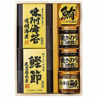 ●セット内容／北海道産鰊フレーク50g×1瓶・焼きのり佃煮85g×2瓶・鰹削り節(2g×3袋)・有明海産味付け海苔(8切10枚)各1箱・まぐろ油漬け70g×1缶●箱サイズ／22.5×7×31.5cm●原産国／日本製●賞味期間／製造日より常温約540日●アレルゲン／小麦・えび●重量／1030g北海道産の鰊フレーク、小豆島で製造された焼き海苔入りの佃煮、鹿児島県産鰹節などの選りすぐりの逸品を詰合せた和風ギフトです。
