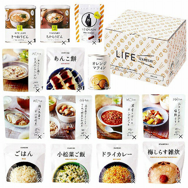 ●内容／ごはん100g・小松菜ご飯100g・ドライカレー100g・梅しらす雑炊360g・きのこと鶏の玄米スープごはん265g・濃厚トマトのスープリゾット265g・梅と生姜のサバ味噌煮135g・トロトロねぎの塩麹チキン150g・名古屋コーチン入つくねと野菜の和風煮210g・オレンジマフィン(2個入)・おだしじんわりきつねうどん73.4g・もちもちお餅のちからうどん77.8g・チョコバー57g・あんこ餅153g各1個●箱サイズ／32×17×25cm●原産国／日本製●賞味期間／製造日より常温約3年●重量／3400g●アレルゲン／卵・乳成分・小麦