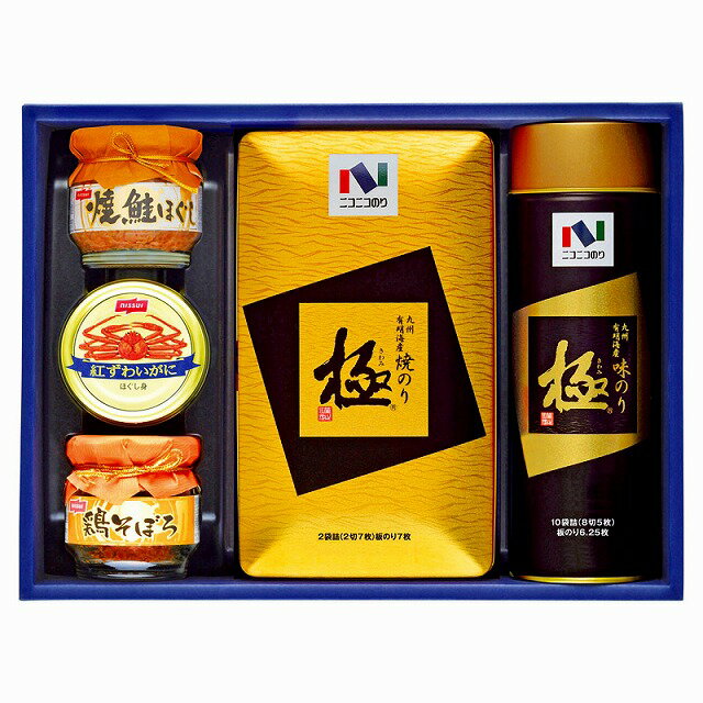 ●セット内容／味のり丸缶10袋詰（8切5枚）・焼のり半裁缶2袋詰（2切7枚）・紅ずわいがにほぐし身（55g）・焼鮭ほぐし瓶・鶏そぼろ瓶（各50g）×各1●箱サイズ／25×33×8.2cm●賞味期間／常温2年●アレルゲン／小麦・えび・かに●重量／1.2kg九州有明海産の上質な海苔「極」の味のりと焼のりに缶詰、瓶詰を詰め合わせました。