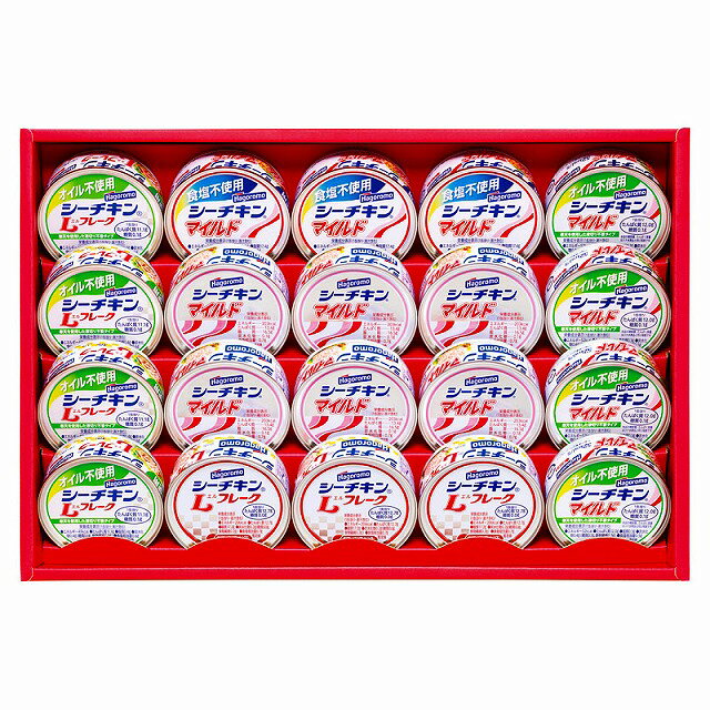 ●セット内容／シーチキンマイルド（70g）×6、オイル不使用（シーチキンLフレーク・シーチキンマイルド（各70g）×各4、シーチキンLフレーク・食塩不使用シーチキンマイルド（各70g）×各3●箱サイズ／27.2×40.1×6.7cm●賞味期間／常温3年●重量／2.3kg素材やカタチ、製法によって、さまざまなおいしさが楽しめる『シーチキン』の詰め合わせです。