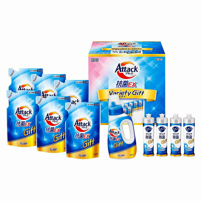 ●セット内容／アタック抗菌EX詰替用（590g）×6、キュキュットクリア除菌（220ml）×4、アタック抗菌EX（750g）×1●箱サイズ／25.5×31.8×29.5cm●重量／6.2kg