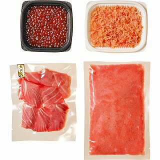 ●セット内容／●本マグロ大トロ（本マグロ：地中海産）100┣g┫、紅ずわいスチーム上肉（カニ：日本産または韓国産）100┣g┫、イクラ（鱒卵：アメリカ産）70┣g┫、マグロネギトロ（マグロ：韓国産）200┣g┫●箱サイズ／40×30×10cm●原産国／日本●重量／700g賞味期限が短い為着日指定をお勧めします。マグロ船を自社保有したまぐろのプロが厳選した商品です。賞味期限が短い為着日指定をお勧めします。