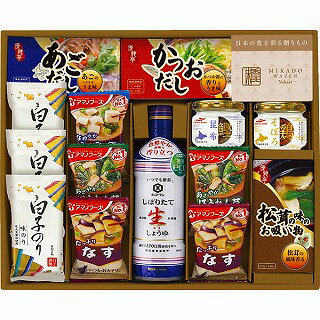 ●セット内容／●キッコーマンいつでも新鮮しぼりたて生しょうゆ450┣ml┫、白子のり味のり（8切5枚）×3、鰹昆布45┣g┫、鶏そぼろ45┣g┫、メイワかつおだし（4┣g┫×6）、メイワあごだし（4┣g┫×6）、メイワ松茸の味お吸い物（顆粒）（2．5┣g┫×2）、アマノフーズフリーズドライいつものおみそ汁（とうふ×1、なす・ほうれん草×各2）●箱サイズ／39.8×31.5×7cm●原産国／日本●重量／1.2kgご家庭で重宝するバラエティ豊かな食品ギフトセット。返礼品などのフォーマルギフトとして定番の調味料バラエティギフトセット。毎日の食卓で重宝する食品を詰め合わせました。