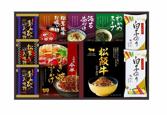 ●セット内容／人形町今半すき焼きふりかけ30g・松阪牛ふりかけ30g・丸美屋のり茶漬け（6g×2袋）・永谷園松茸風味お吸い物（2.3g×2袋）・わかめスープ（3.5g×3袋）・お吸い物（あわび入×2・松茸入り）・白子のり味のり（8切5枚）×2 【卵・乳成分・小麦・えび】●箱サイズ／箱292×448×42mm●賞味期間／300日間●原産国／JPN●重量／490g人形町今半の「すき焼きふりかけ」、松阪牛パウダーを使った「すき焼き風松阪牛ふりかけ」に高級素材使用のフリーズドライやお吸い物等をギッシリ詰め合わせました。