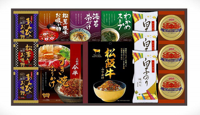 ●セット内容／人形町今半すき焼きふりかけ30g・松阪牛ふりかけ30g・紅ずわいがにほぐし身55g×3・丸美屋のり茶漬け（6g×2袋）・永谷園松茸風味お吸い物（2.3g×2袋）・わかめスープ（3.5g×3袋）・お吸い物（あわび入×2・松茸入り）・白子のり味のり（8切5枚）×3 【卵・乳成分・小麦・えび・かに】●箱サイズ／箱292×534×42mm●賞味期間／300日間●原産国／JPN●重量／830g人形町今半の「すき焼きふりかけ」、松阪牛パウダーを使った「すき焼き風松阪牛ふりかけ」に高級素材使用のフリーズドライやお吸い物等をギッシリ詰め合わせました。