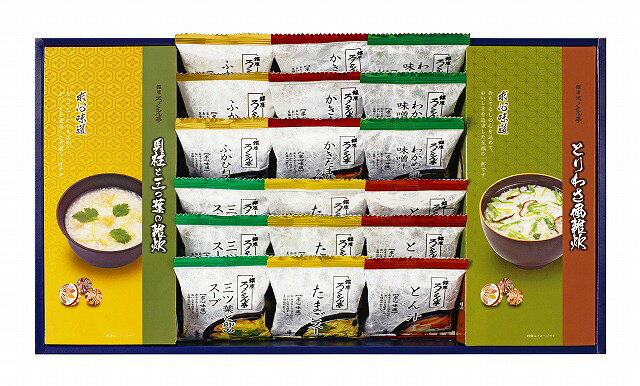 ●セット内容／（貝柱と三つ葉の雑炊・とりわさ風雑炊・ふかひれスープ・かきたま味噌汁赤だし仕立・わかめと油あげの味噌汁・三ツ葉と卵のスープ・たまごスープ・とん汁）各3 【卵・小麦】●箱サイズ／箱220×398×79mm●賞味期間／360日間●原産国／JPN●重量／694g