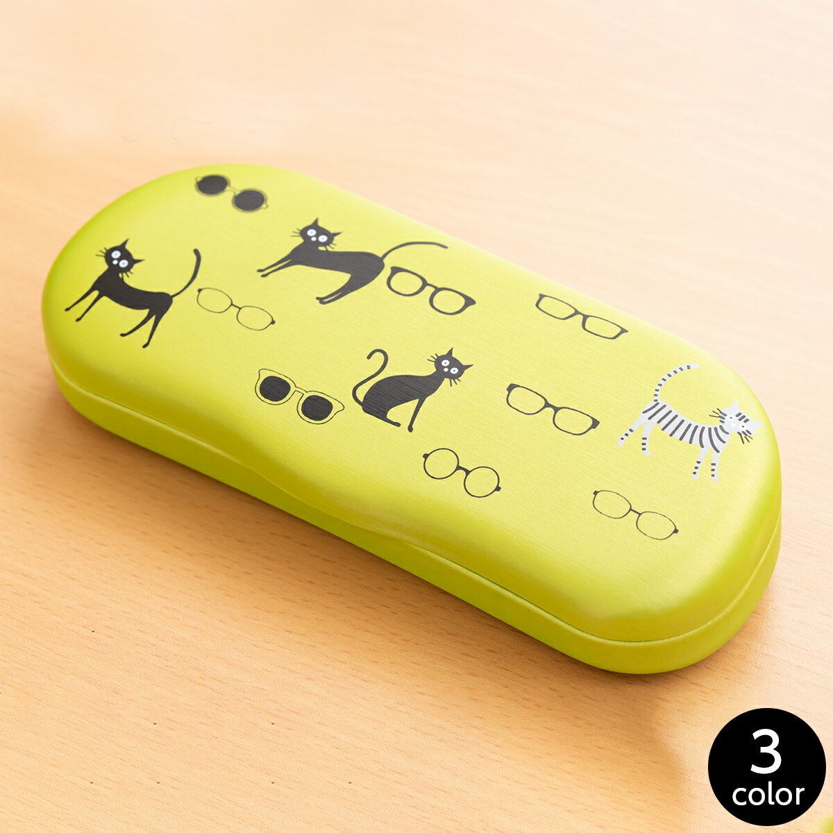メガネケース ネコとめがね柄 ハードケース グリーン オレンジ ブルー 猫 かわいい おしゃれ 眼鏡