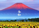 絵画風 壁紙ポスター (はがせるシール式) -令和版- 赤富士 朝焼けの富士山と向日葵畑 ひまわり 幸運 開運 縁起物 風水 パワースポット 【令和元年記念】 キャラクロ FJS-033AR1 (A1版 830mm×585mm) <日本製> ウォールステッカー お風呂ポスター