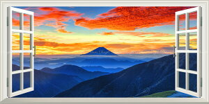 絵画風 壁紙ポスター (はがせるシール式) -窓の景色- 神々しい黄金富士と鮮やかな朝焼け 小河内岳からの絶景 神秘的 【窓仕様/トリックアート】 キャラクロ M-FJS-010MS1(パノラマS版 1152mm×576mm)<日本製> ウォールステッカー お風呂ポスター