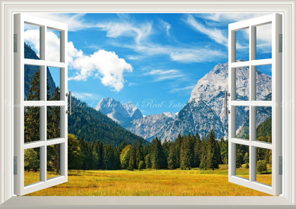 絵画風 壁紙ポスター (はがせるシール式) -窓の景色- アルプス大自然の景色 西アルプス山脈 森林 スイス  キャラクロ ALPS-001MA1 (A1版 830mm×585mm) ＜日本製＞ ウォールステッカー お風呂ポスター