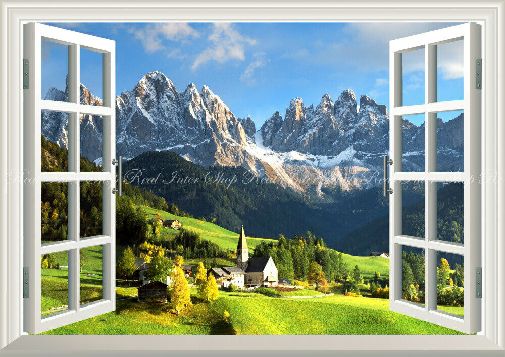 絵画風 壁紙ポスター (はがせるシール式) -窓の景色- アルプスの景色 東アルプス山脈 イタリア  キャラクロ ALPS-007MA1 (A1版 830mm×585mm) ＜日本製＞ ウォールステッカー 窓 お風呂ポスター