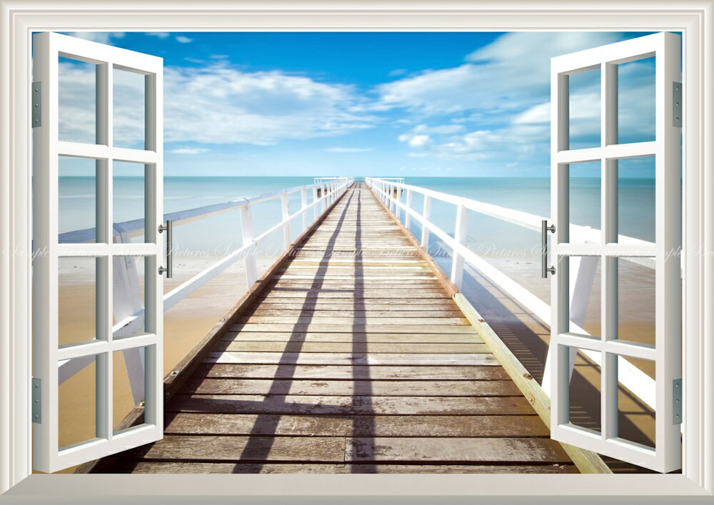 絵画風 壁紙ポスター (はがせるシール式) -窓の景色- ビーチ 海 砂浜 桟橋 カリブ海 海 【窓仕様／トリックアート】 キャラクロ BCH-002MA2 (A2版 594mm×420mm) ＜日本製＞ ウォールステッカー 窓 お風呂ポスター