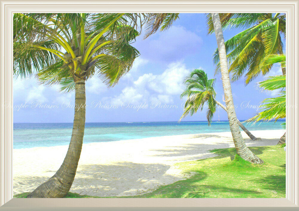 絵画風 壁紙ポスター (はがせるシール式) -窓の景色- ビーチ 砂浜 ヤシの木 カリブ海 楽園 海【扉なし窓仕様】 キャラクロ BCH-013NA1 (A1版 830mm×585mm) ＜日本製＞ ウォールステッカー お風呂ポスター