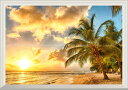 絵画風 壁紙ポスター (はがせるシール式) -窓の景色- 夕焼けのビーチ 夕陽とヤシの木 カリブ海 楽園 キャラクロ BCH-027NA1 (A1版 830mm×585mm) ＜日本製＞ ウォールステッカー お風呂ポスター