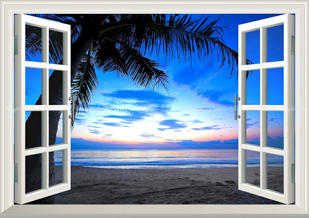 絵画風 壁紙ポスター (はがせるシール式) -窓の景色- 夜明けのビーチ カリブ海の日の出 ヤシの木 海 楽園 癒し 【窓仕様／トリックアート】 キャラクロ BCH-029MA2 (A2版 594mm×420mm) ＜日本製＞ ウォールステッカー お風呂ポスター