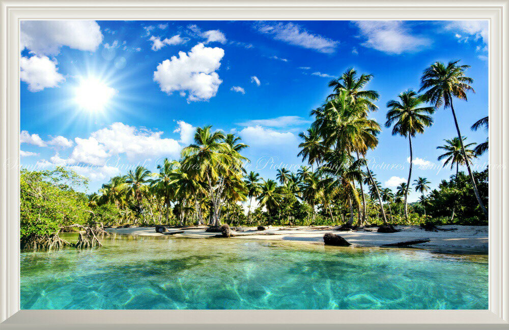 絵画風 壁紙ポスター (はがせるシール式) -窓の景色- 椰子のビーチ バリ島 ヤシの木と眩しい太陽 海  キャラクロ BCH-039NW2 (ワイド版 603mm×391mm) ＜日本製＞ ウォールステッカー お風呂ポスター