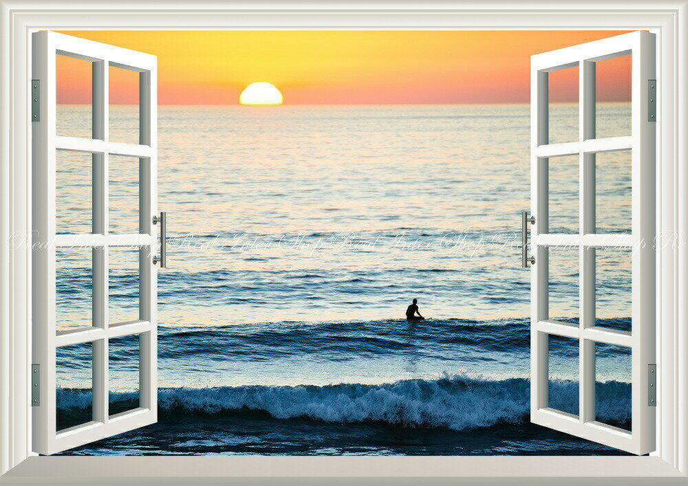 絵画風 壁紙ポスター (はがせるシール式) -窓の景色- 日の出とサーファーのシルエット ハワイの大海原と波 サーフィン 海 【窓仕様／トリックアート】 キャラクロ SFN-021MA1 (A1版 830mm×585mm) ＜日本製＞ ウォールステッカー お風呂ポスター