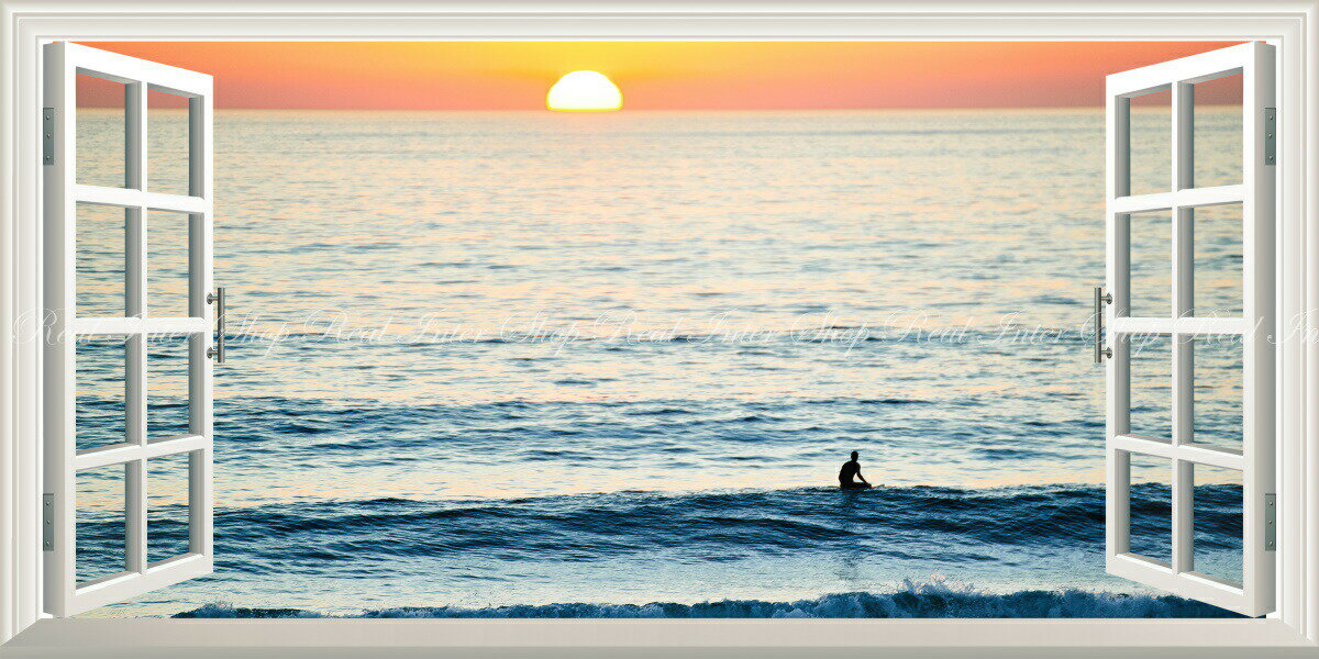 絵画風 壁紙ポスター (はがせるシール式) -窓の景色- 日の出とサーファーのシルエット ハワイの大海原と波 サーフィン 海 パノラマ 【窓仕様／トリックアート】 キャラクロ SFN-021MS1 (1152mm×576mm) ＜日本製＞ ウォールステッカー お風呂ポスター