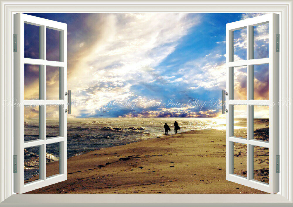 絵画風 壁紙ポスター (はがせるシール式) -窓の景色- 夕焼けのサーファー シルエット 夕暮れ雲のハワイ サーフィン 波 海 AT 【窓仕様／トリックアート】 キャラクロ SFN-023MA2 (A2版 594mm×420mm) ＜日本製＞ ウォールステッカー お風呂ポスター