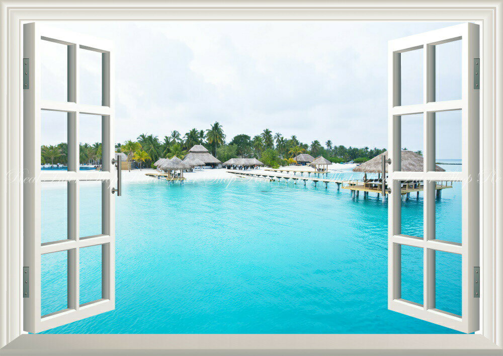 絵画風 壁紙ポスター (はがせるシール式) -窓の景色- セーシェルの島 パラダイスアイランド ダイビング 島 【窓仕様／トリックアート】 キャラクロ SILD-005MA2 (A2版 594mm×420mm) ＜日本製＞ ウォールステッカー お風呂ポスター