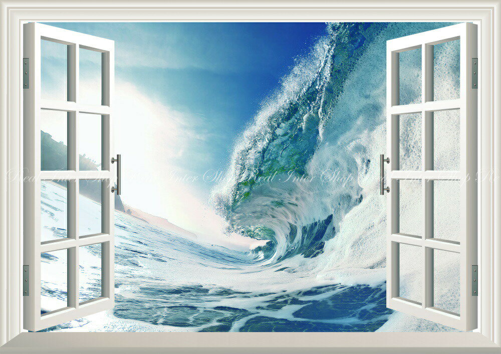 絵画風 壁紙ポスター (はがせるシール式) -窓の景色- 波 太陽の陽射しとビッグウェーブ 波 海 サーフィン 【窓仕様／トリックアート】 キャラクロ SWAV-014MA1 (A1版 830mm×585mm) ＜日本製＞ ウォールステッカー お風呂ポスター
