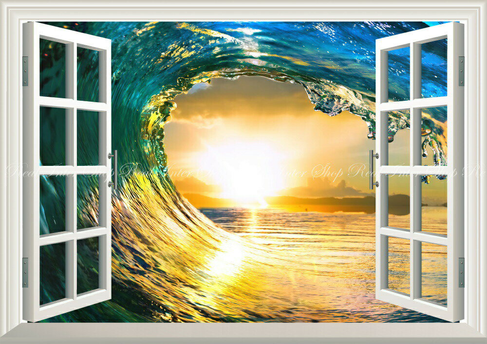 絵画風 壁紙ポスター (はがせるシール式) -窓の景色- 波 サンセット ウェーブ チューブ ハワイ 夕陽 日没 サーフィン 海 【窓仕様／トリックアート】 キャラクロ SWAV-016MA1 (A1版 830mm×585mm) ＜日本製＞ ウォールステッカー お風呂ポスター