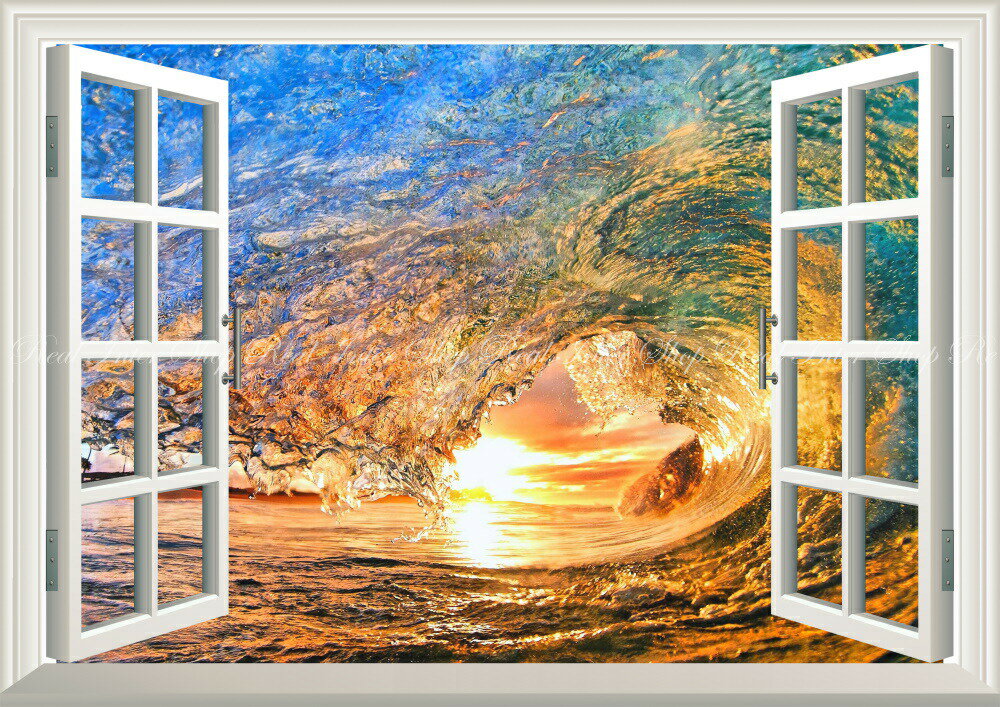 絵画風 壁紙ポスター (はがせるシール式) -窓の景色- 波 サンセット ウェーブ チューブ ハワイ 夕陽 日没 サーフィン 海 【窓仕様／トリックアート】 キャラクロ SWAV-017MA1 (A1版 830mm×585mm) ＜日本製＞ ウォールステッカー お風呂ポスター
