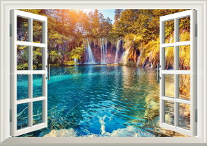 絵画風 壁紙ポスター (はがせるシール式) -窓の景色- 滝 紅葉 エメラルドの渓流 美しい自然のハーモニー 【窓仕様/トリックアート】 キャラクロ WTF-025MA1 (A1版 830mm×585mm) <日本製> ウォールステッカー お風呂ポスター