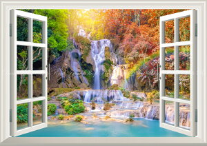絵画風 壁紙ポスター (はがせるシール式) -窓の景色- カラフル&華麗なるクアンシーの滝 ラオス ルアンプラバーン市 メコン川 紅葉 【窓仕様/トリックアート】 キャラクロ WTF-027MA1 (A1版 830mm×585mm) <日本製> ウォールステッカー お風呂ポスター