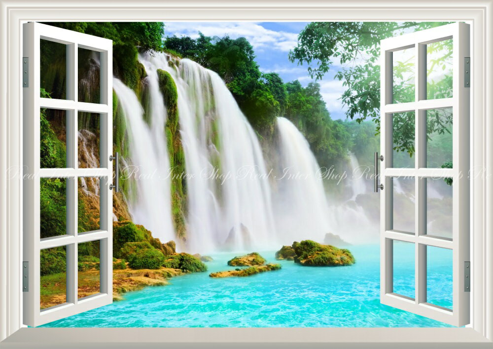 絵画風 壁紙ポスター (はがせるシール式) -窓の景色- 滝 大自然のシャワーとエメラルドの渓流 鮮やか 爽快 癒し 【窓仕様／トリックアート】 キャラクロ WTF-033MA2 (A2版 594mm×420mm) ＜日本製＞ ウォールステッカー お風呂ポスター