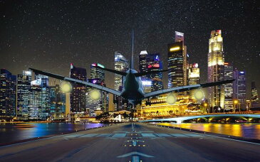 絵画風 壁紙ポスター （はがせるシール式） 星空のシンガポールと飛行機 夜景 滑走路 キャラクロ SGP-010W1 （ワイド版 921mm×576mm） 建築用壁紙＋耐候性塗料 インテリア