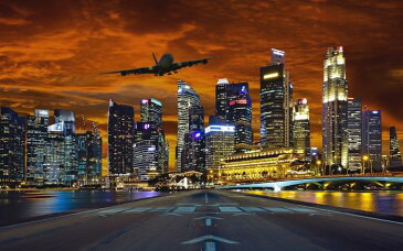 絵画風 壁紙ポスター （はがせるシール式） シンガポール 夕焼け 飛行機 滑走路 夜景 キャラクロ SGP-005W1 （ワイド版 921mm×576mm） 建築用壁紙＋耐候性塗料 インテリア