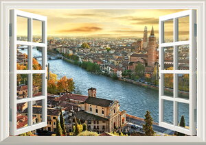 絵画風 壁紙ポスター (はがせるシール式) -窓の景色- ヴェローナの夕焼け アディジェ川 イタリア ロミオとジュリエット舞台【窓仕様/トリックアート】 キャラクロ VRNA-002MA1 (A1版 830mm×585mm) <日本製> ウォールステッカー お風呂ポスター