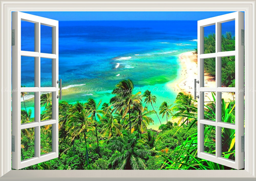 絵画風 壁紙ポスター (はがせるシール式) -窓の景色- ハワイ マウイ島 ビーチ ヤシの木 砂浜 海 【窓仕様／トリックアート】 キャラクロ HWI-013MA1 (A1版 830mm×585mm) ＜日本製＞ ウォールステッカー お風呂ポスター