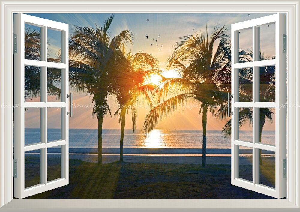 絵画風 壁紙ポスター (はがせるシール式) -窓の景色- ハワイ オアフ島の夕陽とパームツリー 海 【窓仕様／トリックアート】 キャラクロ HWI-014MA2 (A2版 594mm×420mm) ＜日本製＞ ウォールステッカー お風呂ポスター
