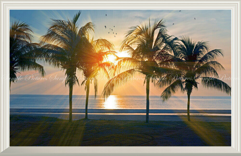 絵画風 壁紙ポスター (はがせるシール式) -窓の景色- ハワイ オアフ島の夕陽とパームツリー 海 AT 【扉なし窓仕様】 キャラクロ HWI-014NW1 (ワイド版 901mm×585mm) ＜日本製＞ ウォールステッカー お風呂ポスター