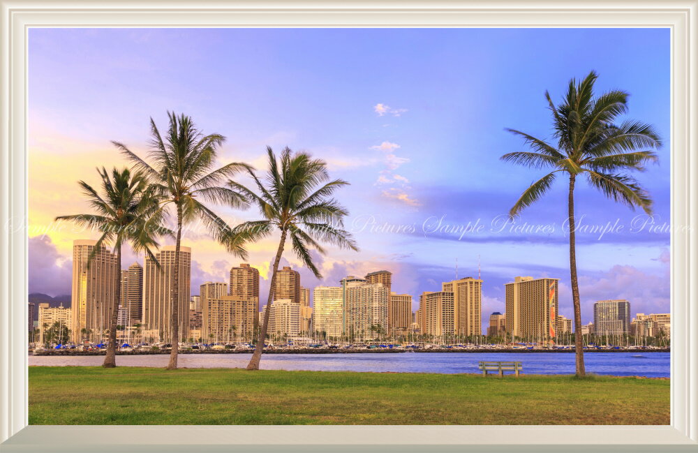 絵画風 壁紙ポスター (はがせるシール式) -窓の景色- ハワイ ホノルル ビーチパークの朝焼け オアフ島 海 【扉なし窓仕様】 キャラクロ HWI-016NW1 (ワイド版 901mm×585mm) ＜日本製＞ ウォールステッカー お風呂ポスター