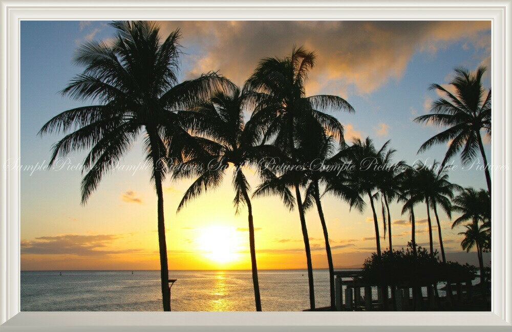 絵画風 壁紙ポスター (はがせるシール式) -窓の景色- ハワイ オアフ島の日没 サンセット 夕焼け パームツリー 海 【扉なし窓仕様】 キャラクロ HWI-017NW1 (ワイド版 901mm×585mm) ＜日本製＞ ウォールステッカー お風呂ポスター