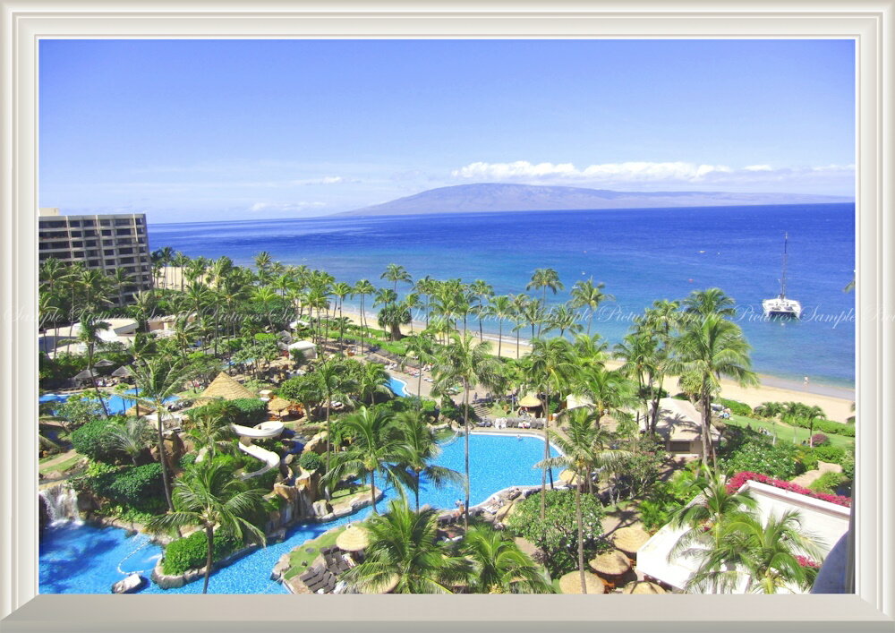 絵画風 壁紙ポスター (はがせるシール式) -窓の景色- ハワイ マウイ島 パラダイス リゾート ビーチ プール 海【扉なし窓仕様】 キャラクロ HWI-022NA2 (A2版 594mm×420mm) ＜日本製＞ ウォールステッカー お風呂ポスター