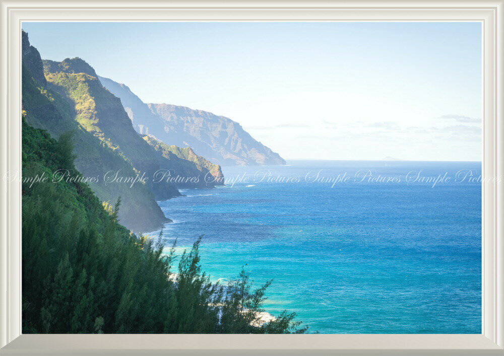 絵画風 壁紙ポスター (はがせるシール式) -窓の景色- ハワイ カウアイ島とブルーオーシャン 海【扉なし窓仕様】 キャラクロ HWI-029NA1 (A1版 830mm×585mm) ＜日本製＞ ウォールステッカー お風呂ポスター