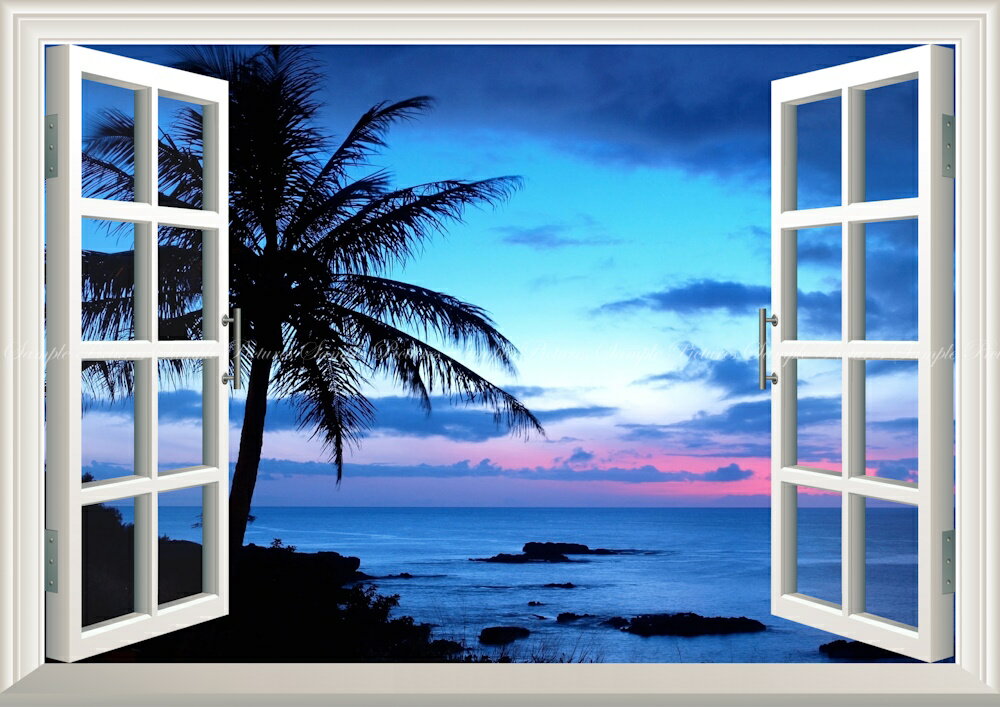 絵画風 壁紙ポスター (はがせるシール式) -窓の景色- ハワイ オアフ島の夜明け 朝焼け ヤシの木 海 【窓仕様／トリックアート】 キャラクロ HWI-037MA2 (A2版 594mm×420mm) ＜日本製＞ ウォールステッカー お風呂ポスター