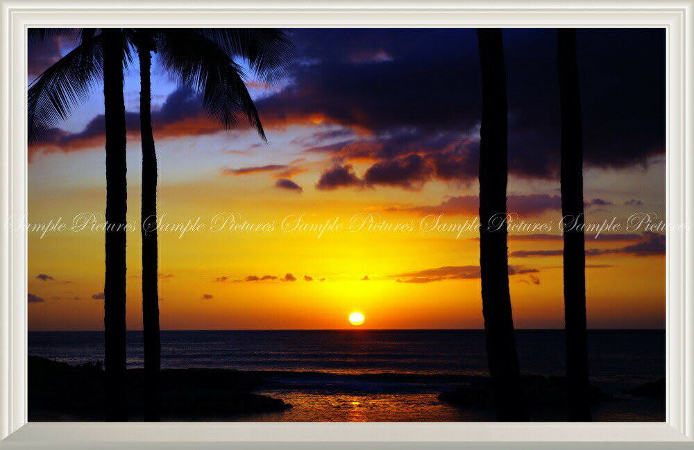 絵画風 壁紙ポスター (はがせるシール式) -窓の景色- ハワイ マウイ島の日の出 サンライズ 夜明け 朝焼け ヤシの木 海 【扉なし窓仕様】 キャラクロ HWI-039NW1 (ワイド版 901mm×585mm) ＜日本製＞ ウォールステッカー お風呂ポスター