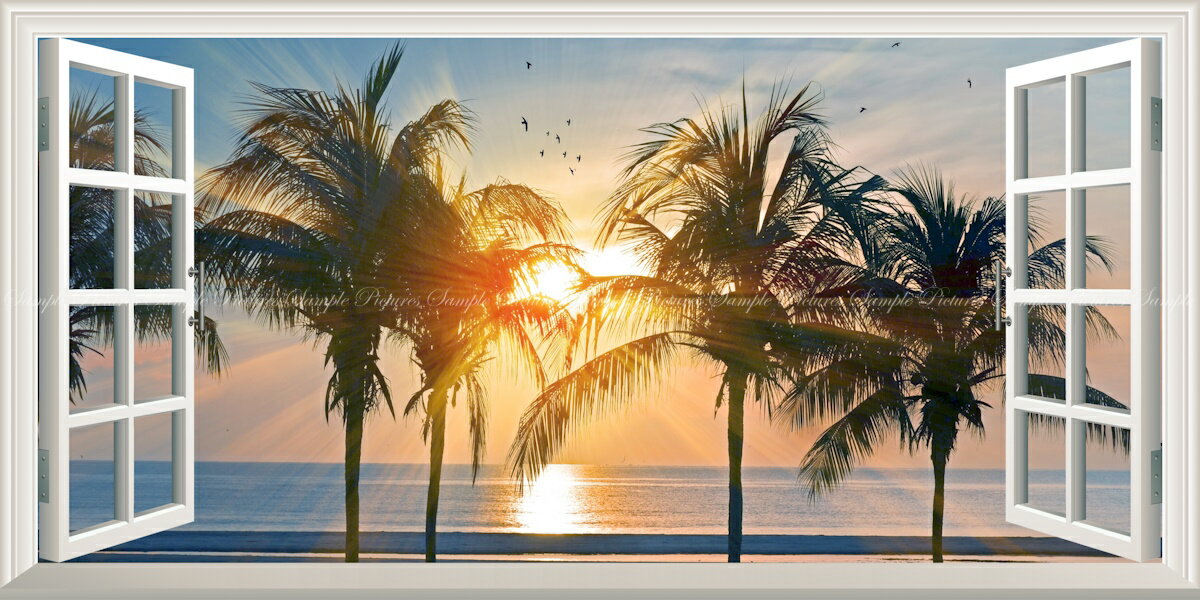 絵画風 壁紙ポスター (はがせるシール式) -窓の景色- ハワイ オアフ島の夕陽とパームツリー 海 【窓仕様／トリックアート】 キャラクロ HWI-101MS1 (パノラマS版 1152mm×576mm) ＜日本製＞ ウォールステッカー お風呂ポスター