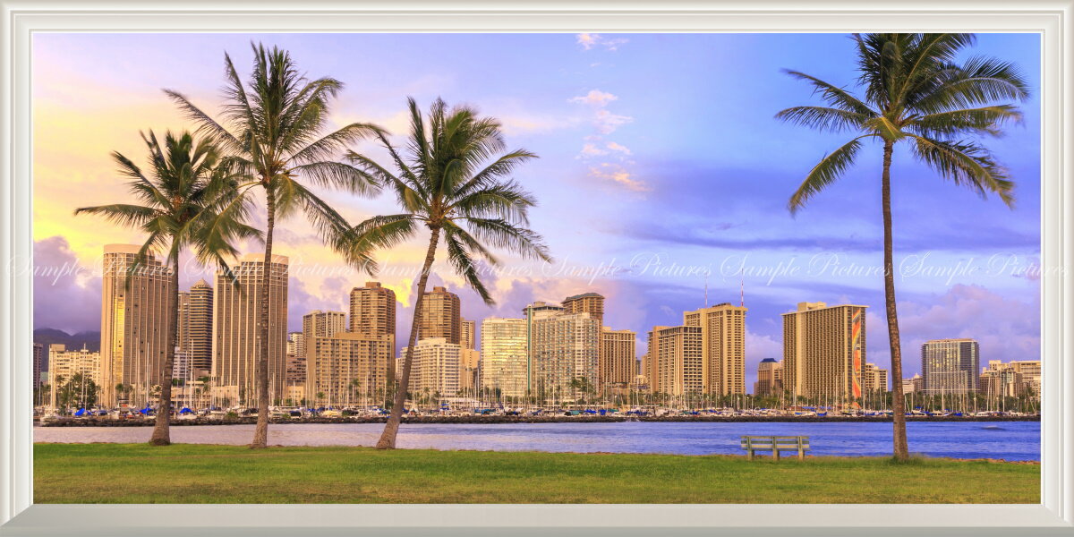 絵画風 壁紙ポスター (はがせるシール式) -窓の景色- ハワイ ホノルル ビーチパークの朝焼け オアフ島 海 パノラマ 【扉なし窓仕様】 キャラクロ HWI-102NS1 (1152mm×576mm) ＜日本製＞ ウォールステッカー お風呂ポスター