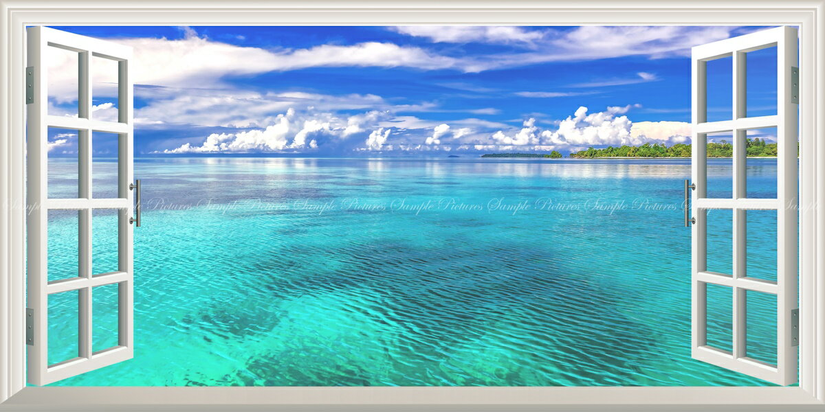 絵画風 壁紙ポスター (はがせるシール式) -窓の景色- 珊瑚礁の内海 ターコイズブルーの世界 ウィディ諸島 インドネシア 絶景 【窓仕様／トリックアート】 キャラクロ M-RIDN-002MS1(パノラマS版 1152mm×576mm)＜日本製＞ ウォールステッカー お風呂ポスター