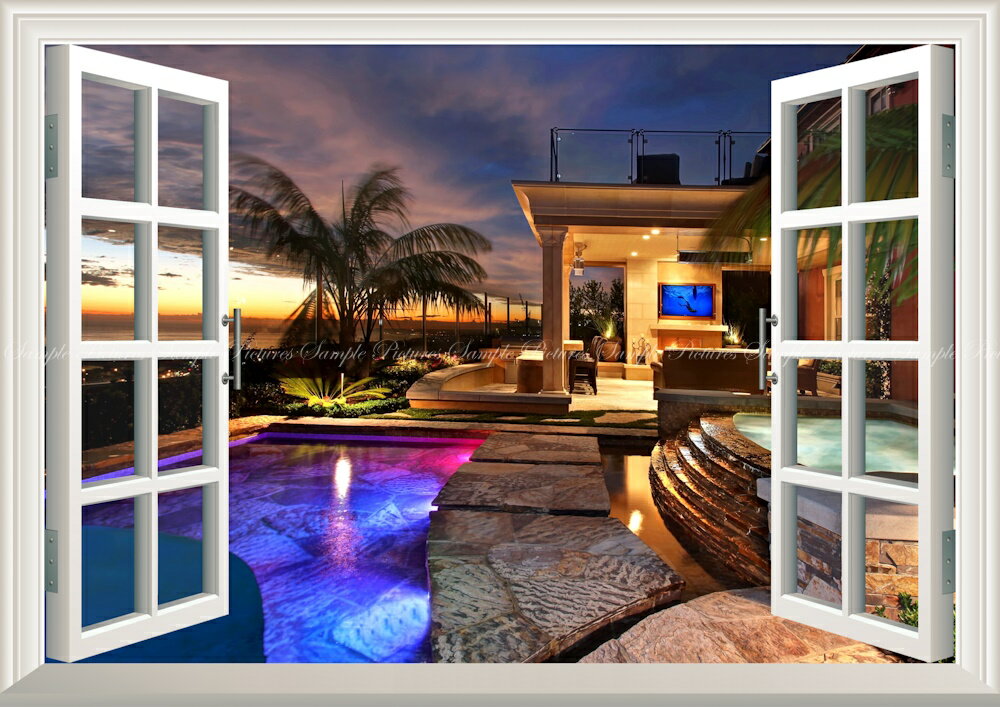 絵画風 壁紙ポスター (はがせるシール式) -窓の景色- 夕焼けのサンクレメンテ リゾート カリフォルニア..